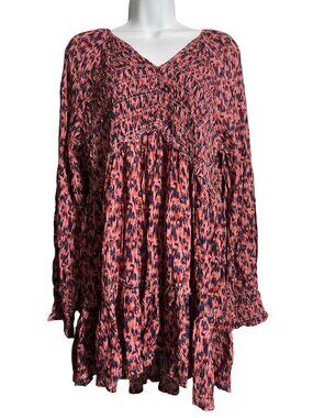 Beachlunchlounge Talia Smocked Long Sleeve Mini Dress Size Large Boho Earth Rose